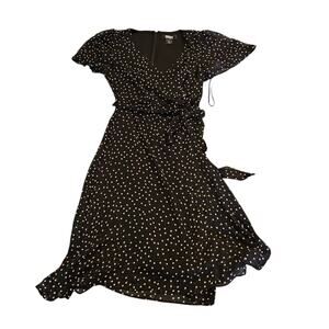 DKNY Polka Dot Wrap Dress Size 6 Black White Midi Tie Waist Flutter Sleeve